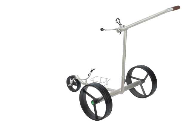 Lithium Elektro Golf Trolley Kolibri lago® K3, Edelbeschichtung in Titan-Optik, schnell-zerlegbar/-klappbar, mit Bergabfahrbremse, Fernbedienung als Option